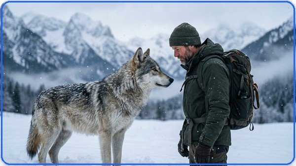 Imagem gerada a partir do prompt: lobo e explorador na neve